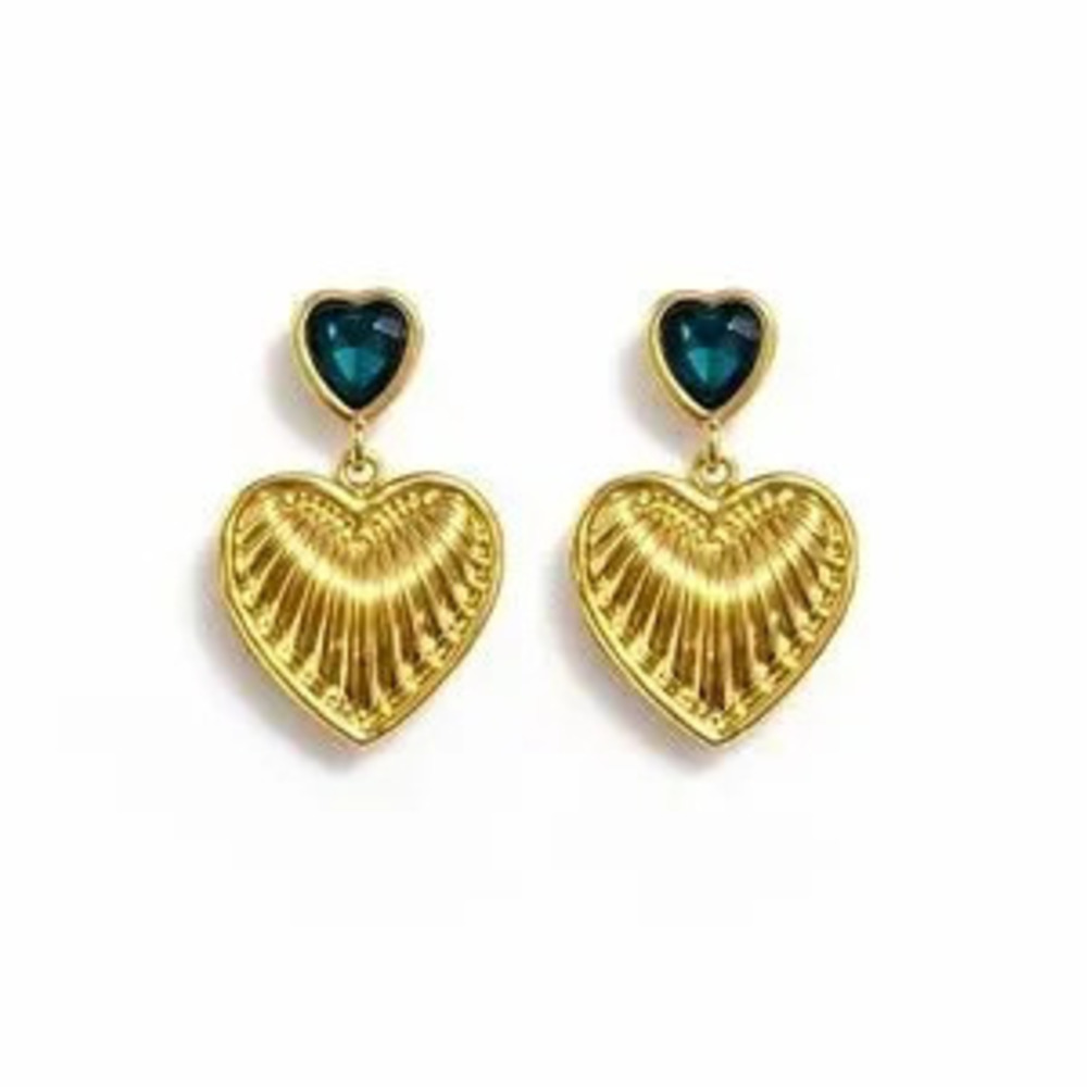 Gold Heart Earrings with Green Gems